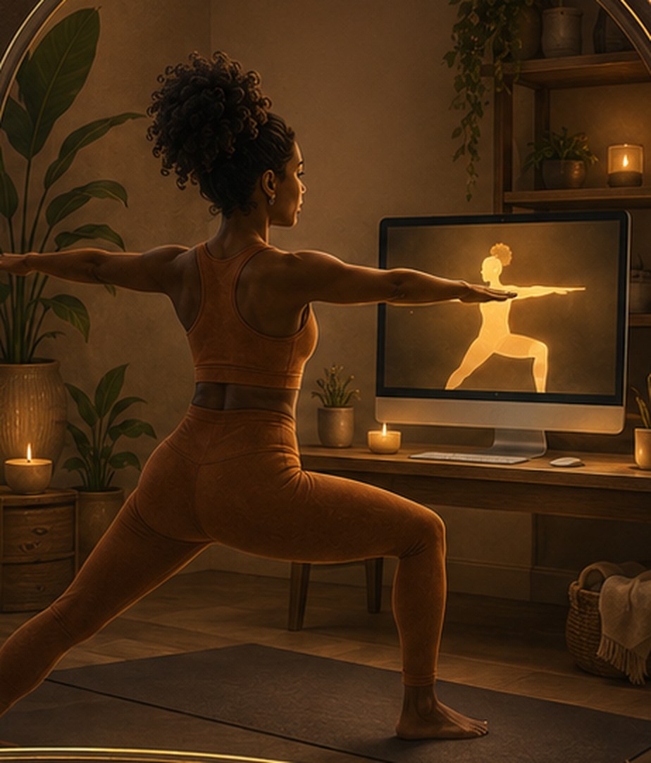 Through the window: a practitioner in warrior two inside Moxie Studios, following a guided class on her screen