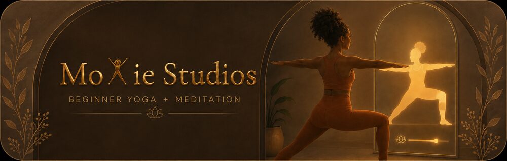 Inside Moxie Studios: a practitioner in warrior two with on-screen guidance